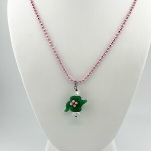 Pink Chain and Blown Glass Green Tea Pot or Watering Can w/Flower Bundle 3/$15